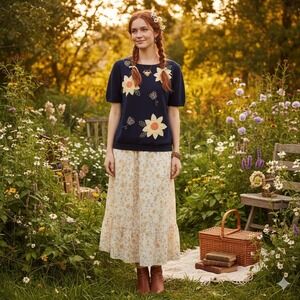 Alfred Dunner Navy Blue Floral Butterfly Sweater Top L Cottage Gardencore Granny